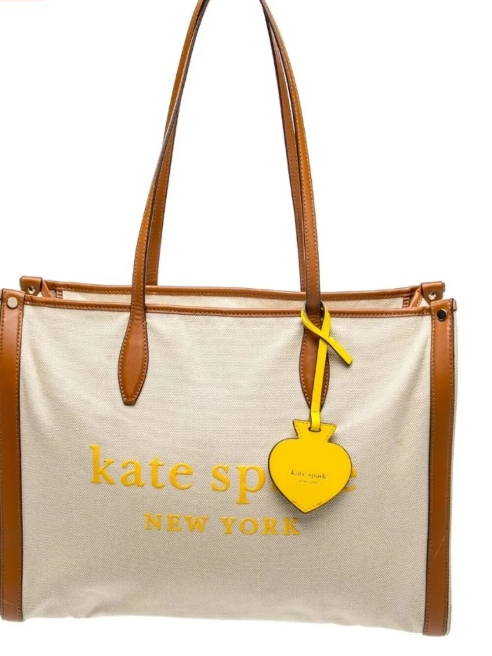 kate spade Beige Canvas Tote with Brown Trim and Yellow Charm